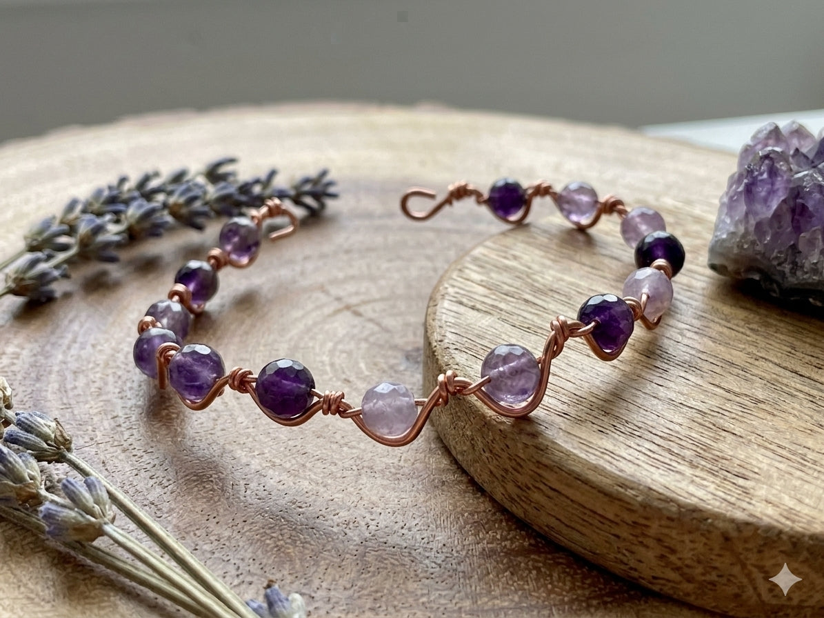Amethyst & Copper Wire-Wrapped Cuff Bracelet