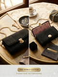 A black quilted chevron handbag with a gold-tone clasp and chain strap, shown in a styled tabletop setting with jewelry, keys, a cup of coffee, and branded packaging. The text at the bottom reads 'THE NOBLE CLUTCH' and 'Exquisite Detail and Craftsmanship.