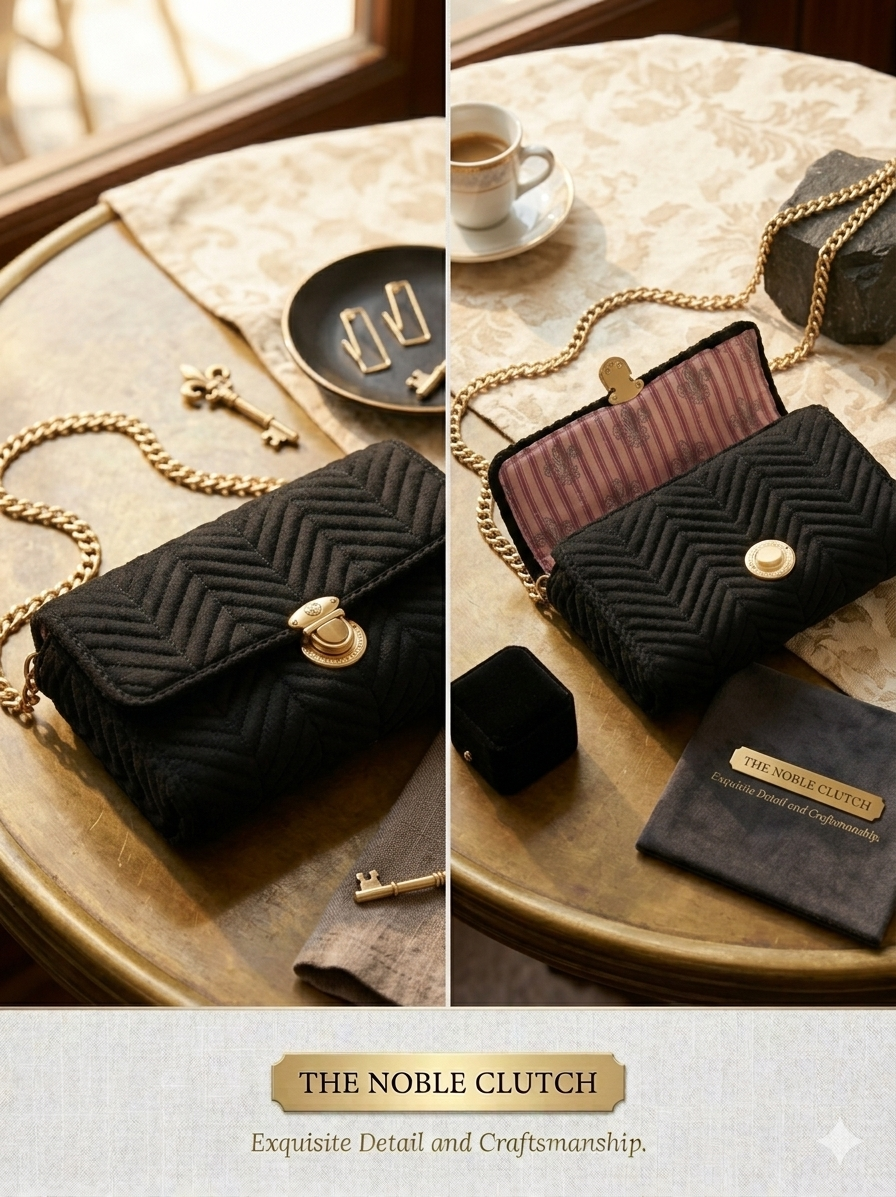 A black quilted chevron handbag with a gold-tone clasp and chain strap, shown in a styled tabletop setting with jewelry, keys, a cup of coffee, and branded packaging. The text at the bottom reads 'THE NOBLE CLUTCH' and 'Exquisite Detail and Craftsmanship.