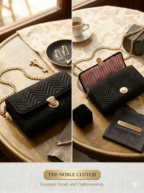 A black quilted chevron handbag with a gold-tone clasp and chain strap, shown in a styled tabletop setting with jewelry, keys, a cup of coffee, and branded packaging. The text at the bottom reads 'THE NOBLE CLUTCH' and 'Exquisite Detail and Craftsmanship.